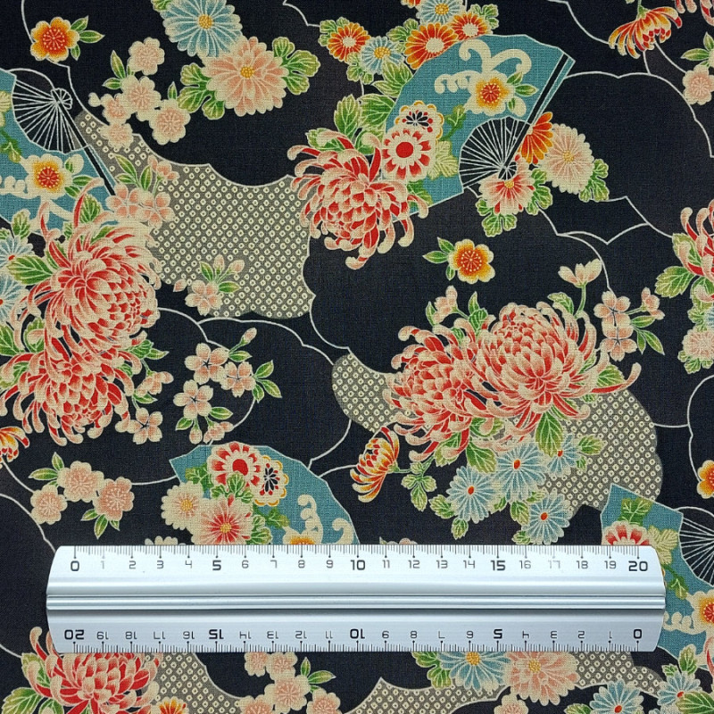 Tissu coton noir éventails et chrysanthèmes (5m x 108cm)