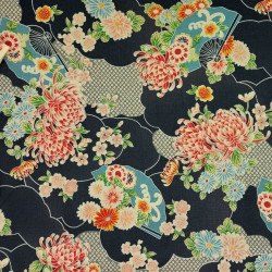 Black cotton fabric with fans and chrysanthemum patterns (5m x 108cm)