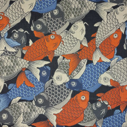 Black cotton fabric with color carps patterns (5m x 108cm)