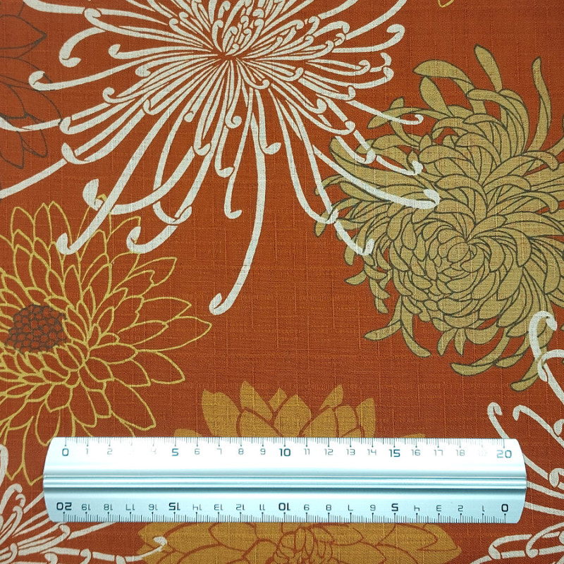 Tissu coton texturé orange foncé chrysanthèmes japonais (5m x 110cm)