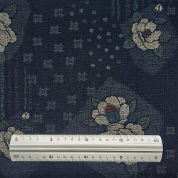 Midnight blue textured cotton fabric with camelia and graphic patterns (5m x 110cm)