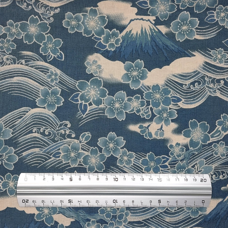 Tissu coton bleu canard et écru Yamato (5m x 110cm)