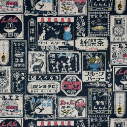 Midnight blue cotton canvas fabric with retro Japanese labels (5m x 110cm)