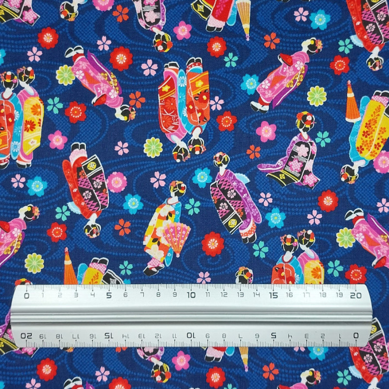 Blue fabric with geisha apprentices patterns (110cm)