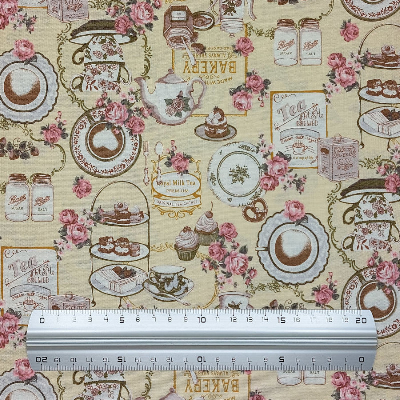 Tissu coton jaune pâle tea time (6m x 112cm)