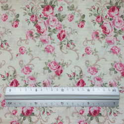 Creme white cotton fabric with roses, arabesques and writings (5m x 112cm)