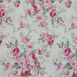 Tissu coton blanc crème roses arabesques et écritures (5m x 112cm)