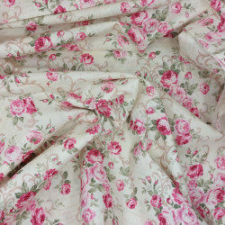 Tissu coton blanc crème roses arabesques et écritures (5m x 112cm)