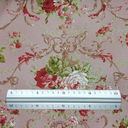 Old pink cotton fabric with roses and arabesque patterns (5m x 112cm)