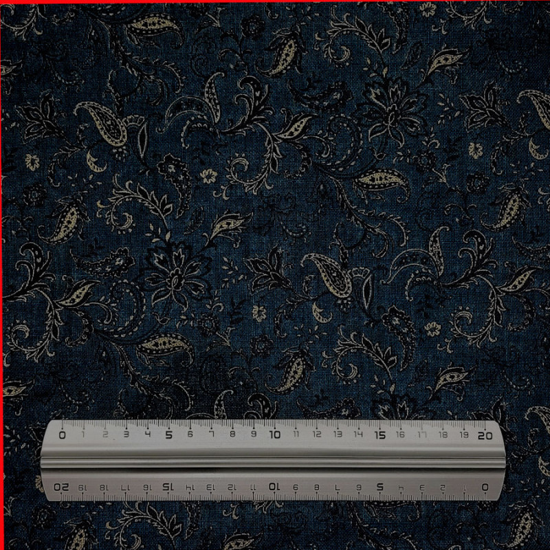 Tissu coton rustique bleu foncé motifs cachemire et fleurs (109cm)