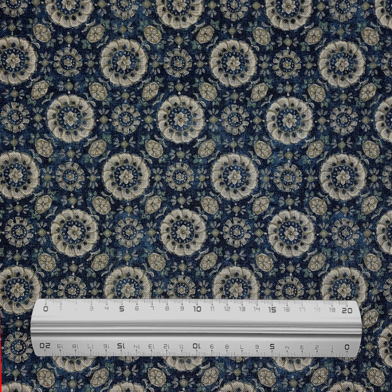 Tissu coton rustique bleu foncé fleurs ethniques (109cm)