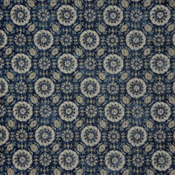 Tissu coton rustique bleu foncé fleurs ethniques (109cm)