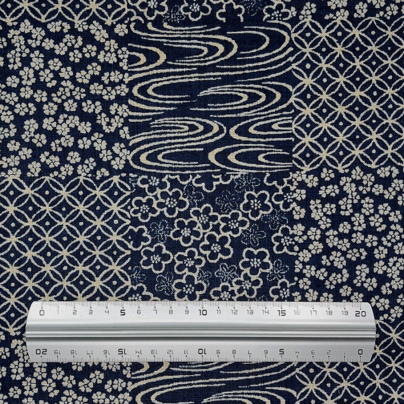 Dark blue rustic cotton fabric with patterns on squares (5m x 109cm)