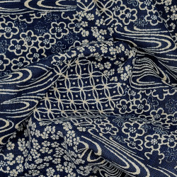 Dark blue rustic cotton fabric with patterns on squares (5m x 109cm)