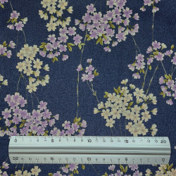Tissu coton gaufré bleu foncé branches de cerisiers (110cm)
