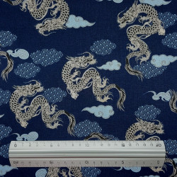 Tissu coton bleu foncé dragons japonais (110cm)